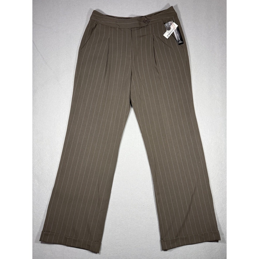 Larry Levine Womens NWT Brown Pinstripe Pants Pleated Cuffed Hem Wide Leg Size 8